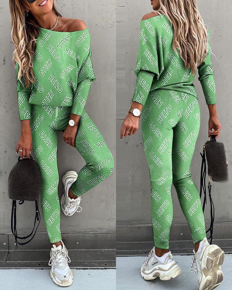 

Letter Print Top & High Waist Pants Set, Green