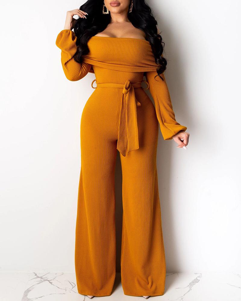 

Solid Off Shoulder Ribbed Wide Leg Jumpsuit, Yellow