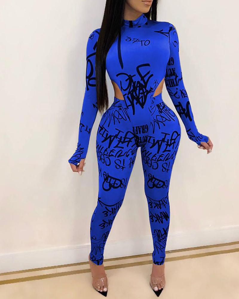 

Letter Print Cutout Top & Pants Set, Blue