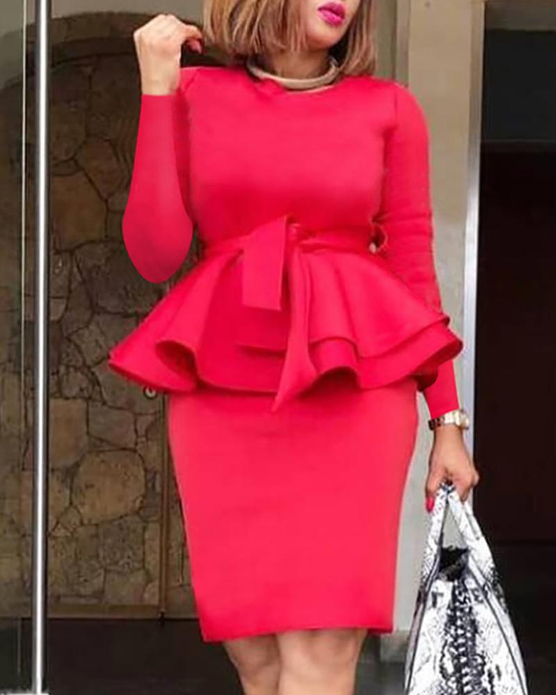 

Solid Round Neck Long Sleeve Ruffles Dress, Red