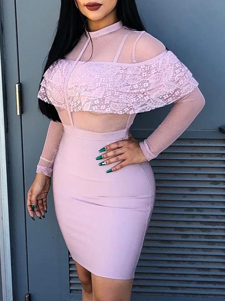 

Sheer Mesh & Lace Insert Bodycon Dress, Light pink