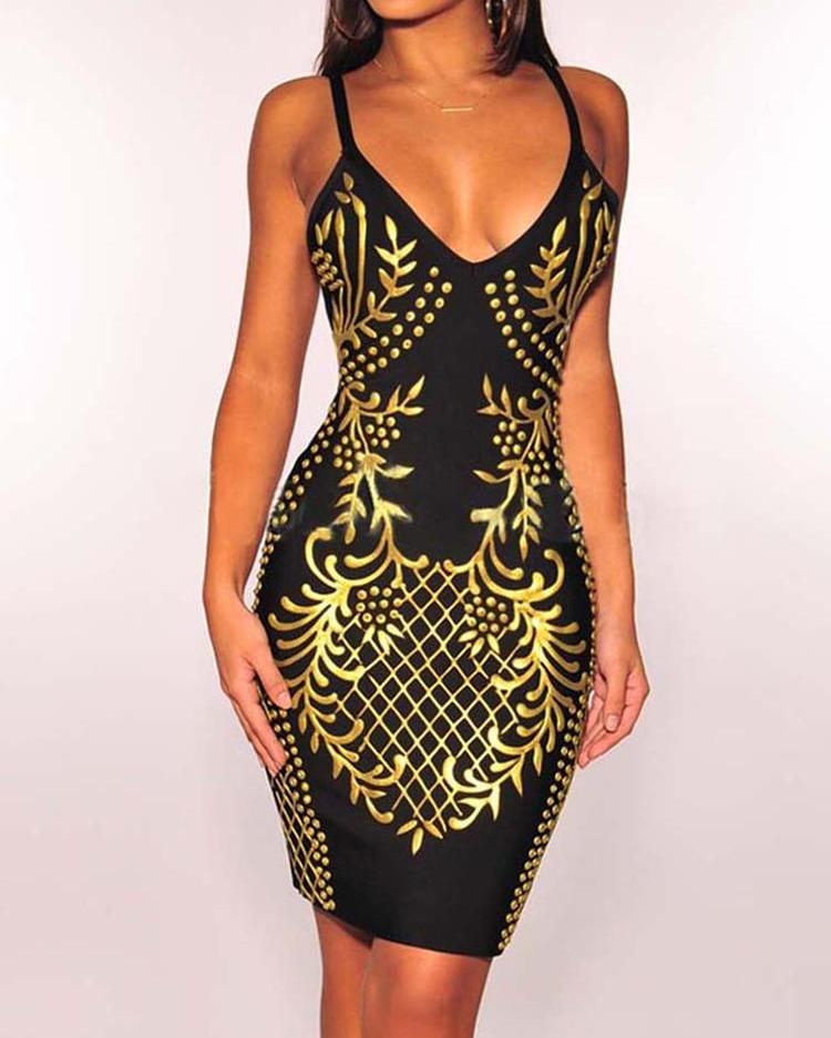 

Baroque Print Spaghetti Strap Bodycon Dress, Black