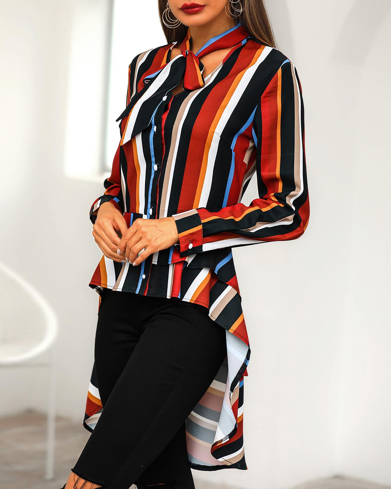 

Tie Neck Multicolor Striped Dip Hem Blouse