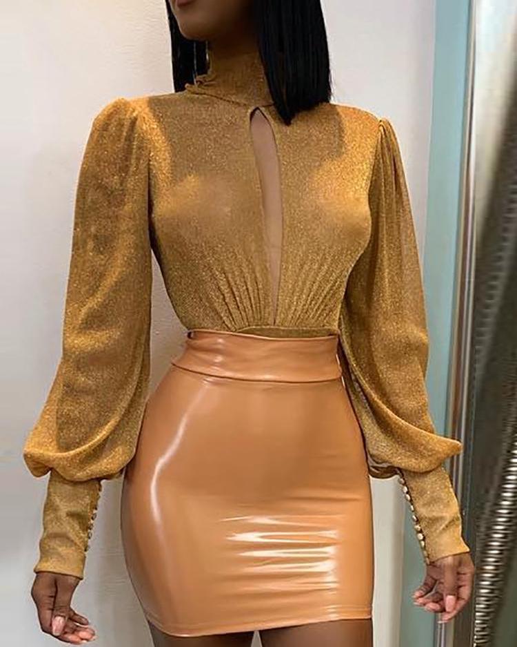 

Glitter Open Front Gigot Sleeve Bodysuit