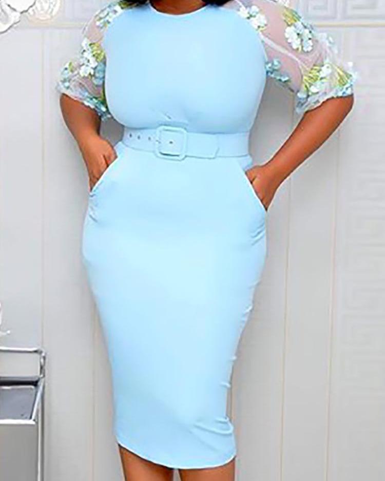 

Floral Embellished Mesh Sleeve Bodycon Dress, Blue