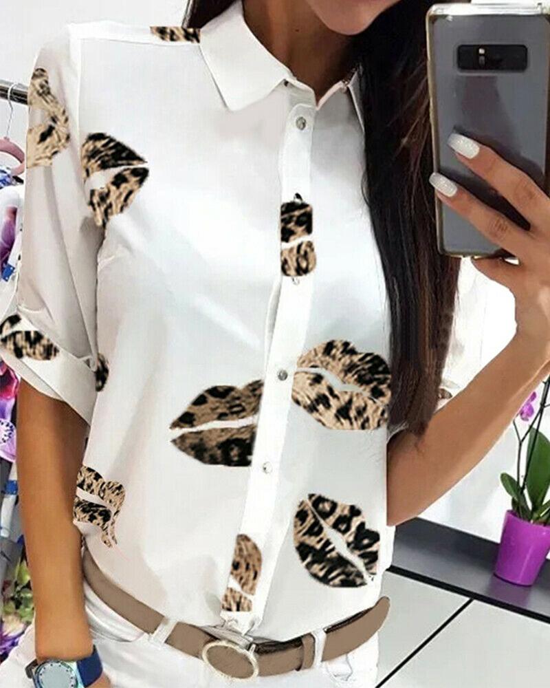 

Lip Print Button Up Shirt, White