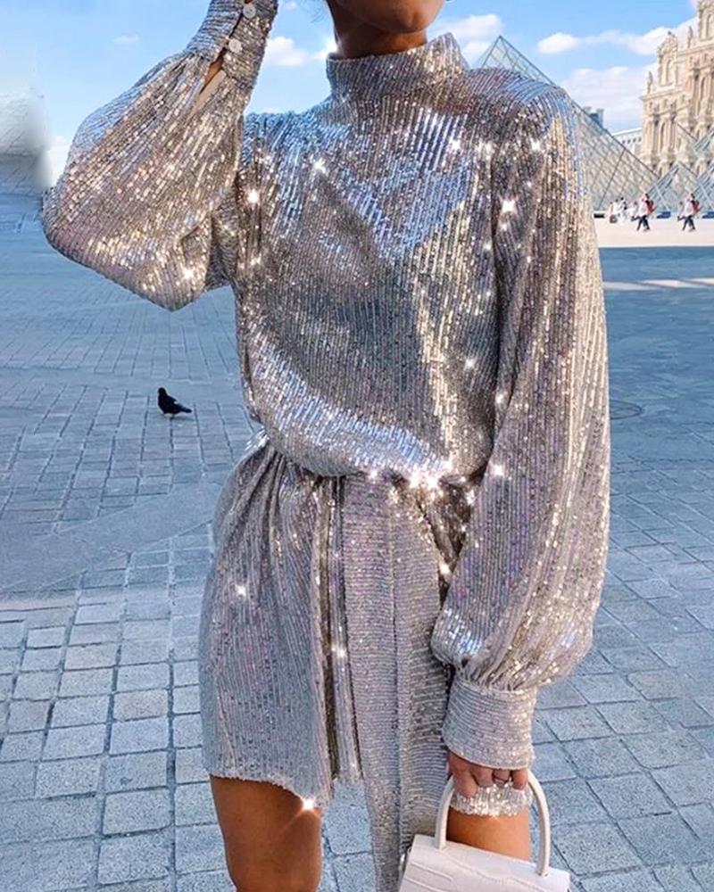 

Glitter Long Sleeve Sequins Dress, Silver