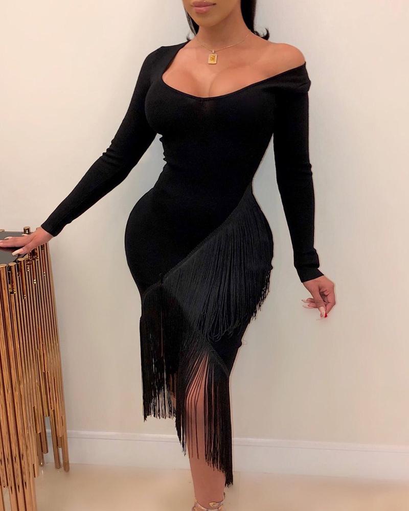 

Solid Long Sleeve Tassel Design Bodycon Dress, Black