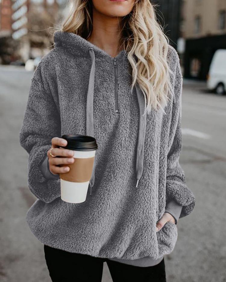 

Solid Fluffy Zipper Pocket Design Hoodies, Gray
