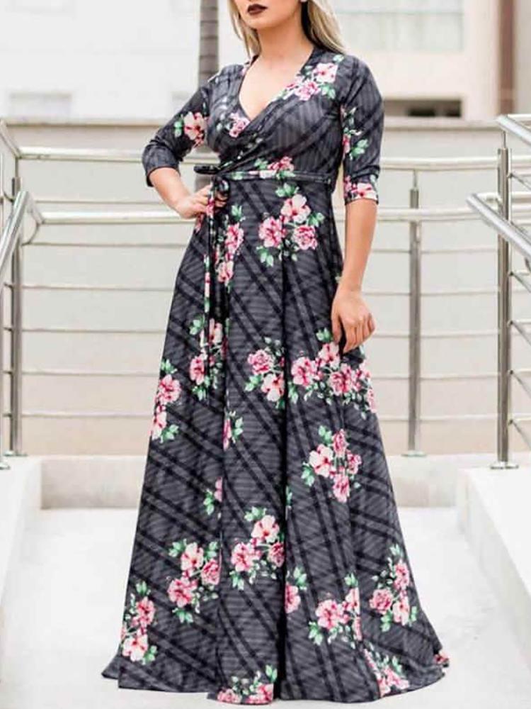 

Floral & Plaid Print Wrapped Belted Maxi Dress