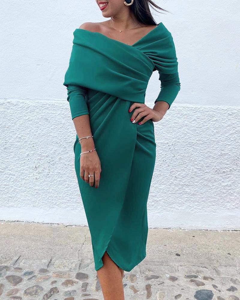 

Off Shoulder Surplice Wrap Ruched Dress, Green