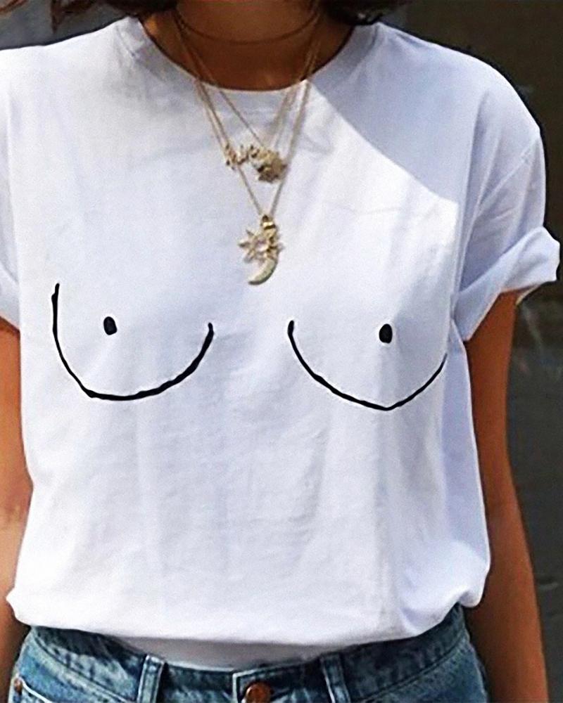 

Print Short Sleeve Round Neck Casual T-shirt, White