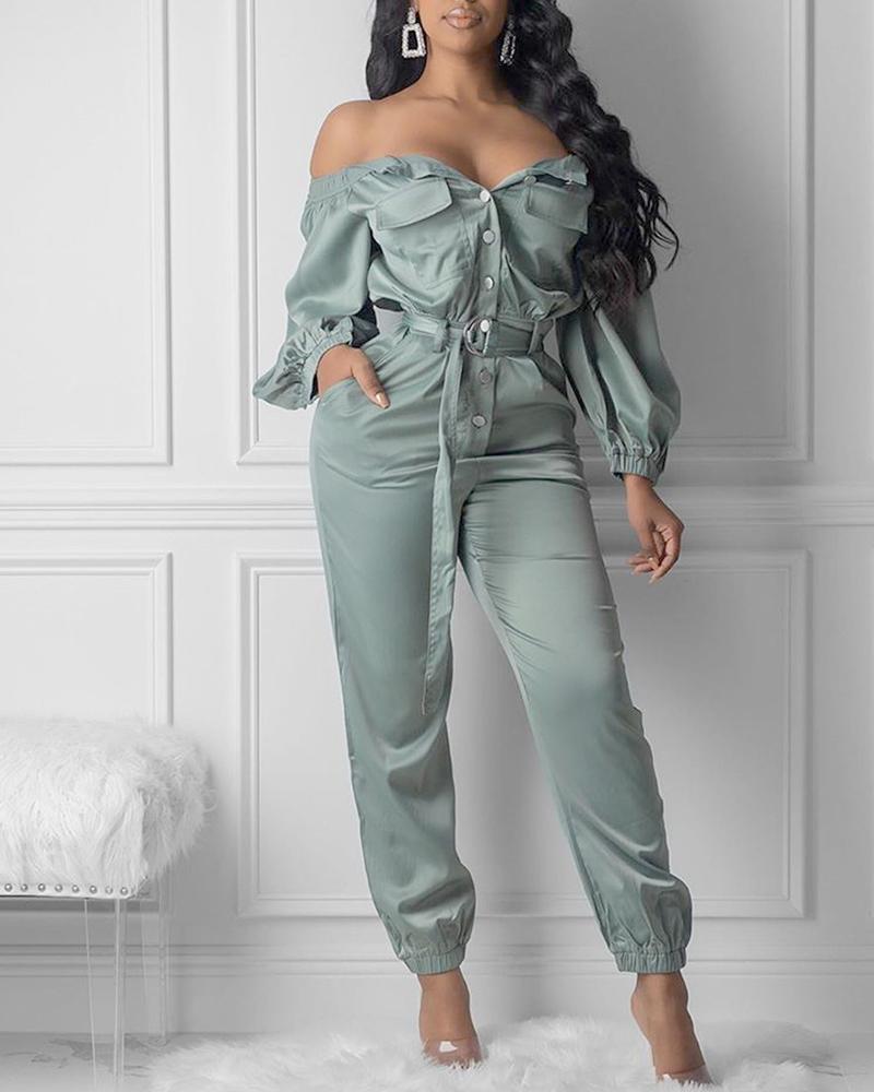 

Off Shoulder Pocket Buttoned Cargo Jumpsuit, Gray