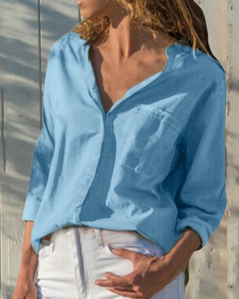 

Pocket Button Design Long Sleeve OL Shirt, Blue