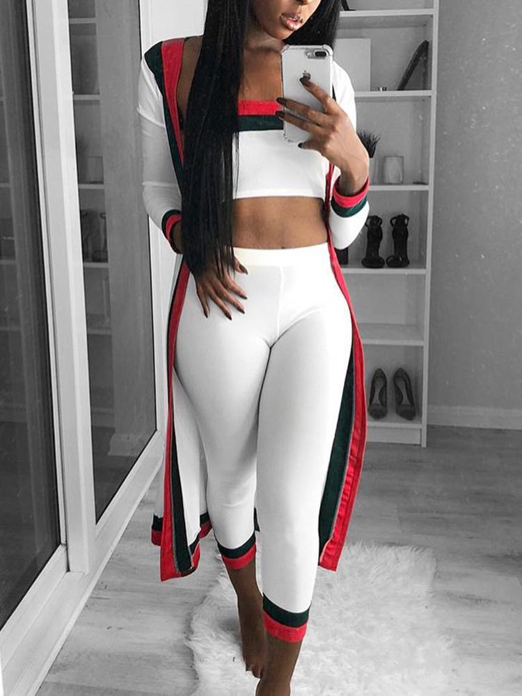

3PCS Striped Tape Crop Top & Pants With Coat Sets, White
