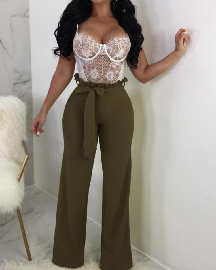 

Solid Frills Belted Wide Leg Pants, Army green