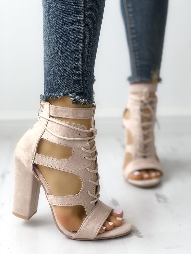 

Lace-up Cutout Chunky Heel Sandals, Apricot