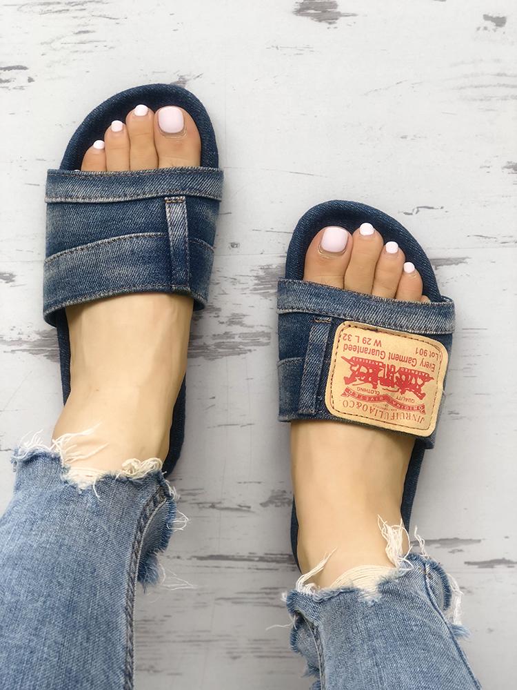 

Fashion Denim Open Toe Flat Sandals, Dark blue
