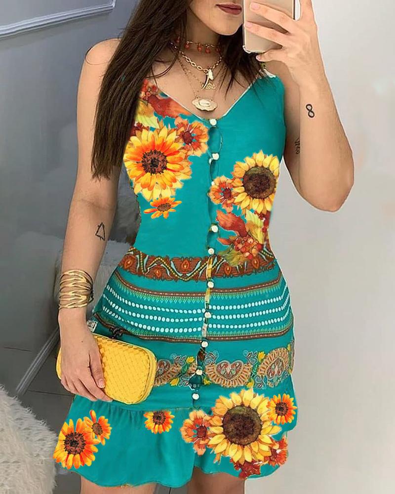 

Bottoned Sunflower Print Ruffles Dress, Green