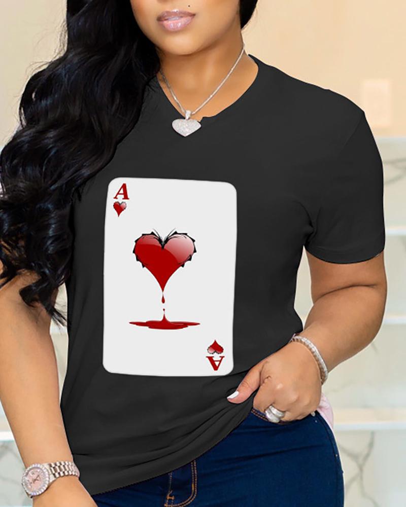

Heart Poker Print Short Sleeve Casual T-shirt, Black