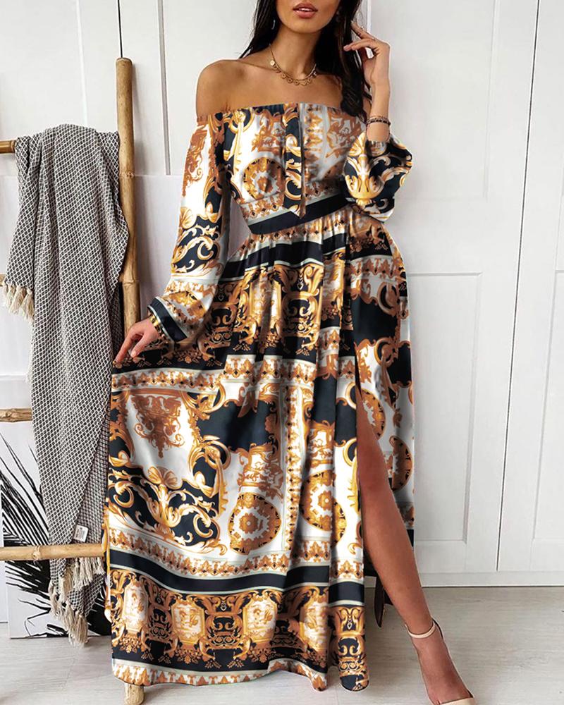 

Off Shoulder Baroque Print Slit Maxi Dress, Multicolor