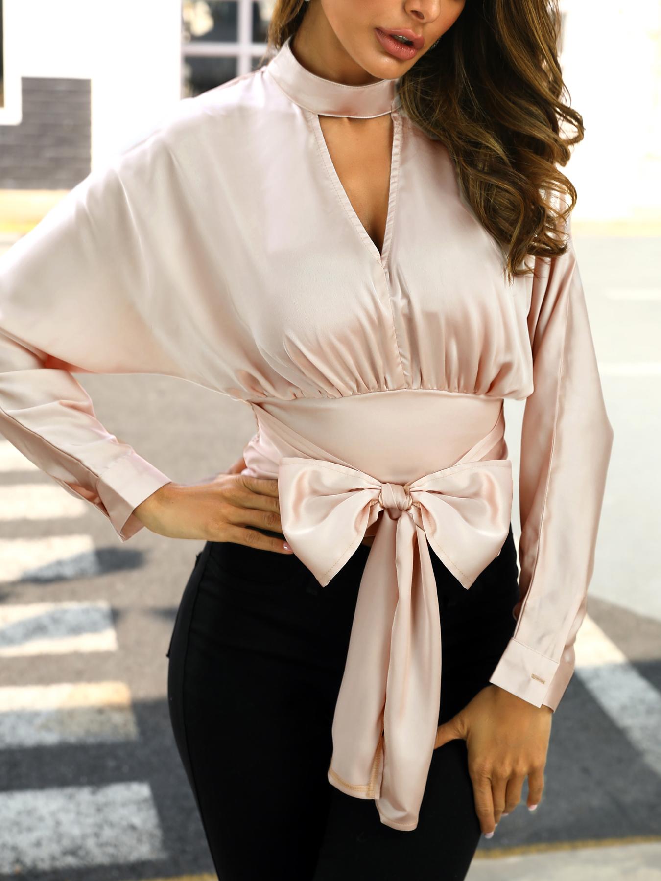 

Cutout Knot Waist Satin Blouse, Light pink