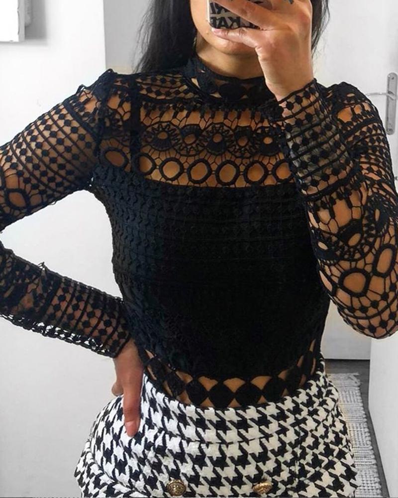 

Cut Out Long Sleeve Lace Top, Black