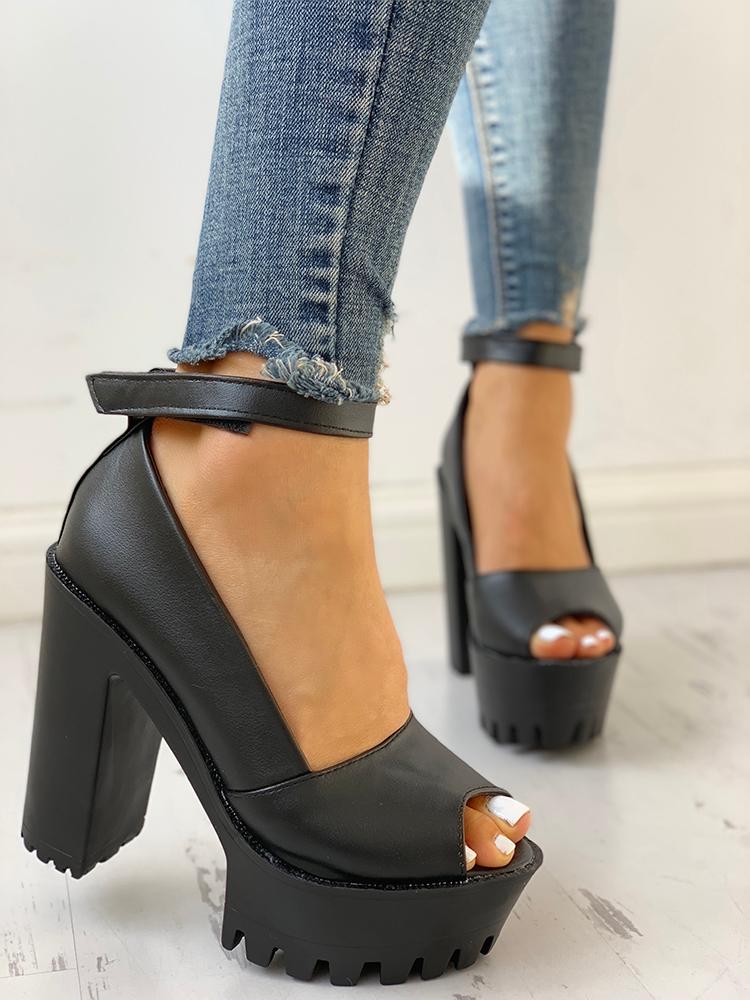 

Peep Toe Ankle Strap Platform Chunky Sandals, Black