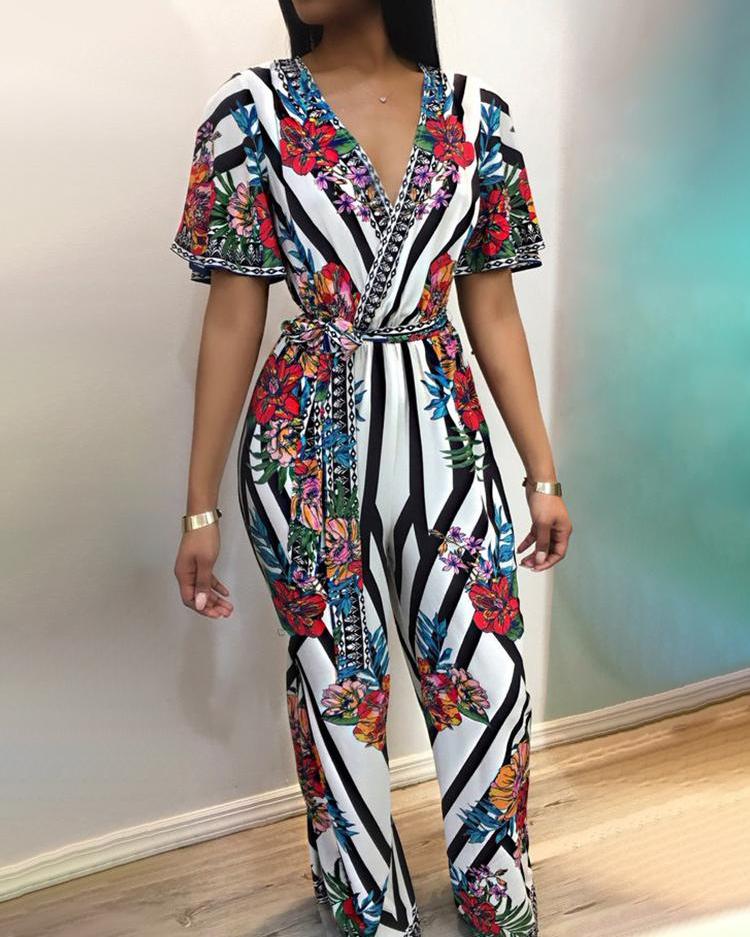 

Deep V Striped Floral Print Belted Jumpsuit