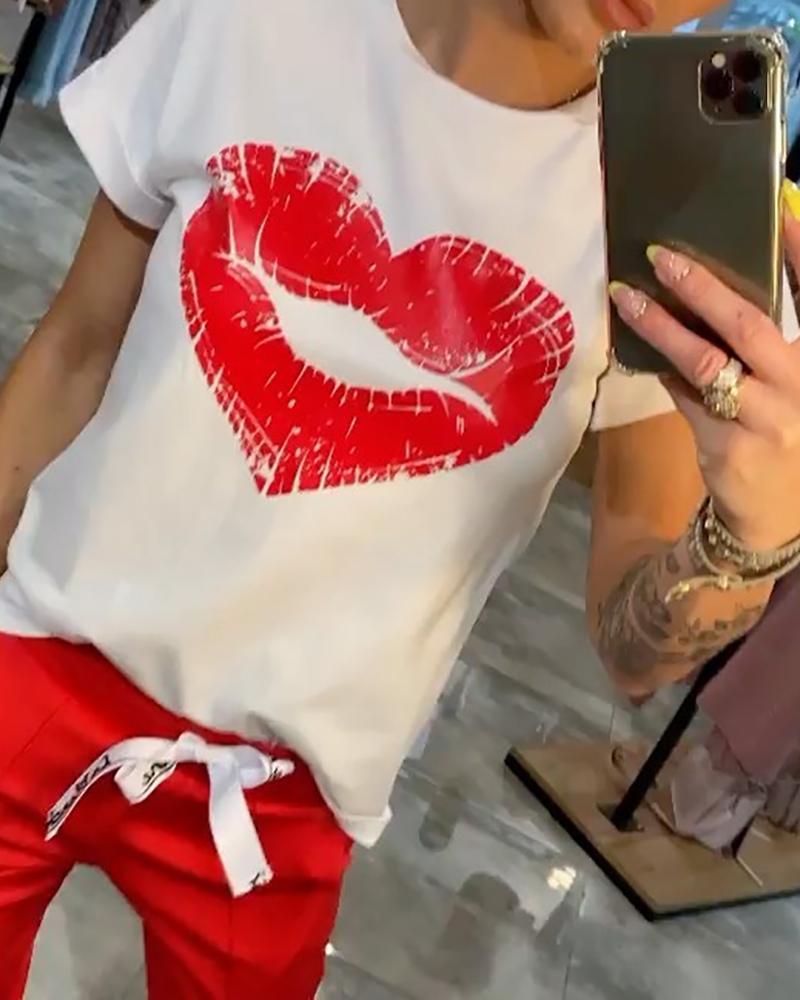 

Lip Heart Pattern Print Casual T-shirt, White