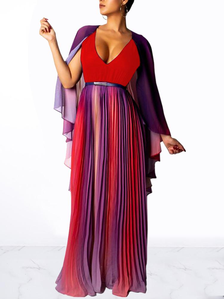 

Multi Color Cape Sleeve Pleated Maxi Dress