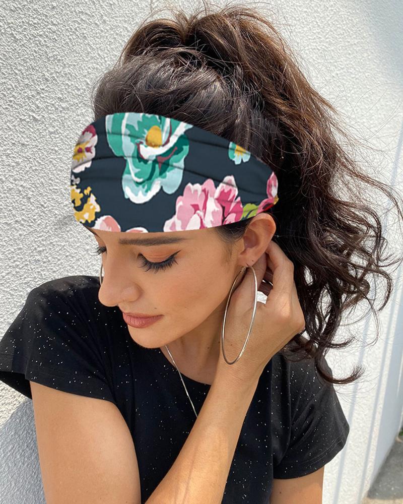 

Floral Print Yoga Running Elastic Headwraps Hair Band, Dark blue