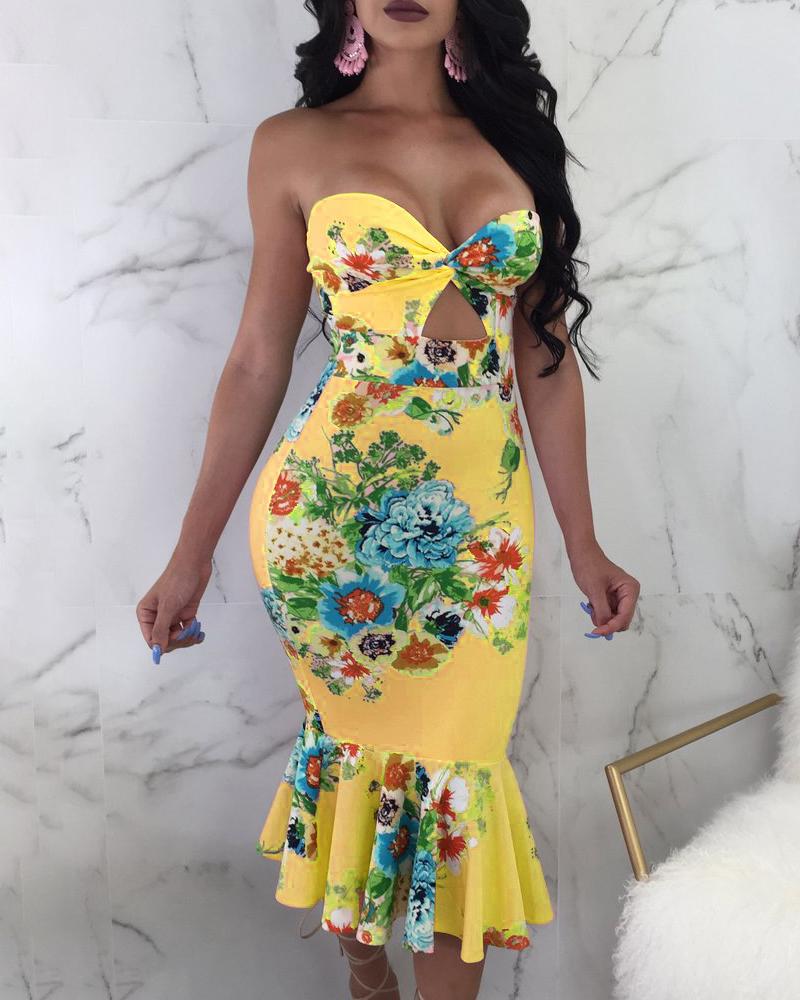 

Floral Print Ruffles Hem Tube Dress, Yellow