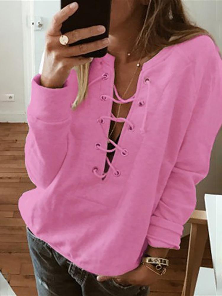 

Solid Long Sleeve Lace-Up Eyelet Sweatshirt, Pink