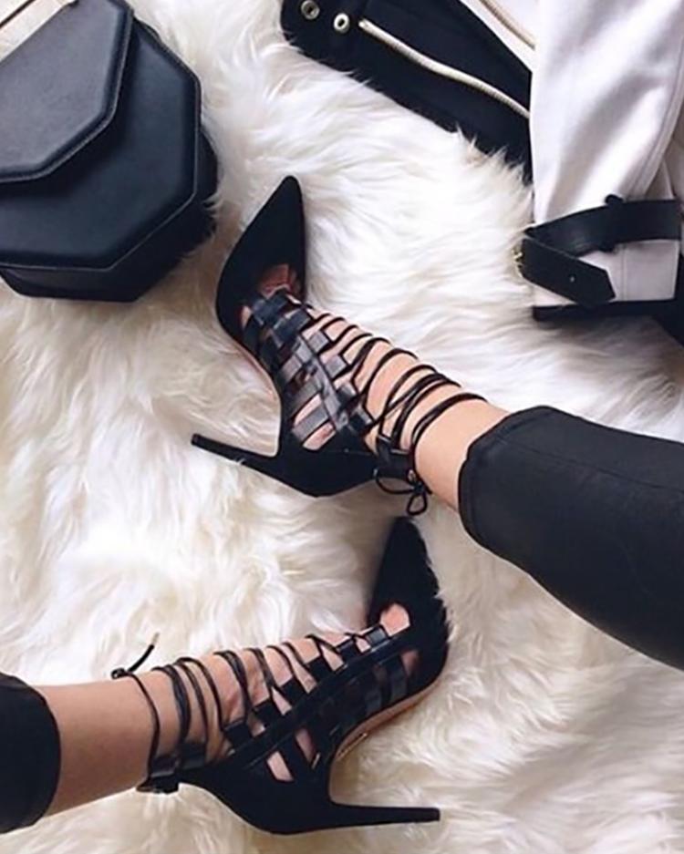 

Sexy Hollow Cross Lace Up Stiletto High Heels, Beige;black