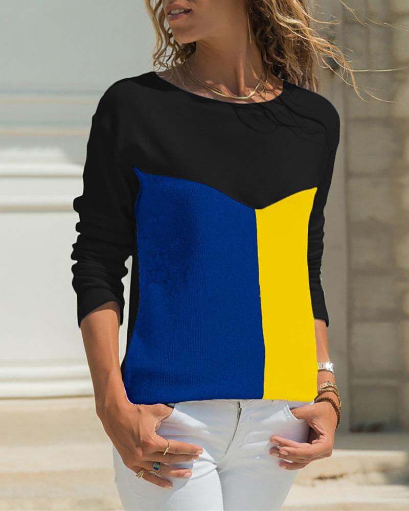 

Colorblock Casual Long Sleeve T-Shirt, Blue