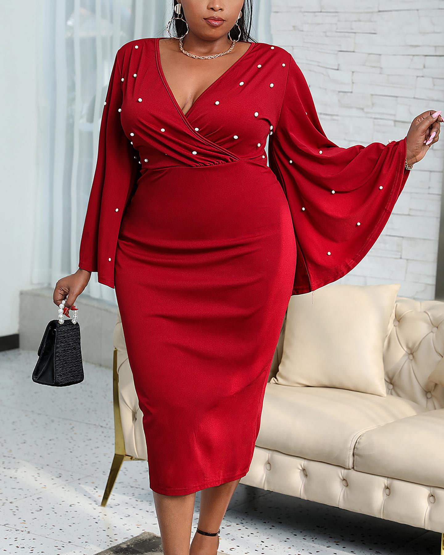

Plus Size Bell Sleeve Beaded Wrap Dress, Red