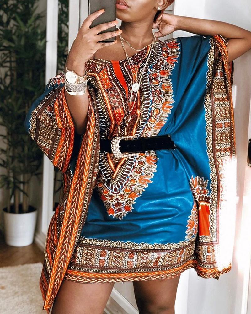 

Ethnic Print Round Neck Loose Dress