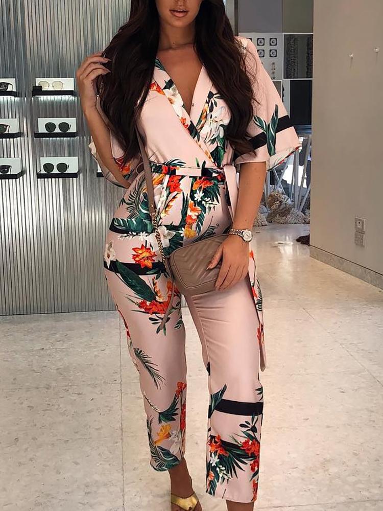 

Plant Print Half Sleeve Belted Wrap Jumpsuit