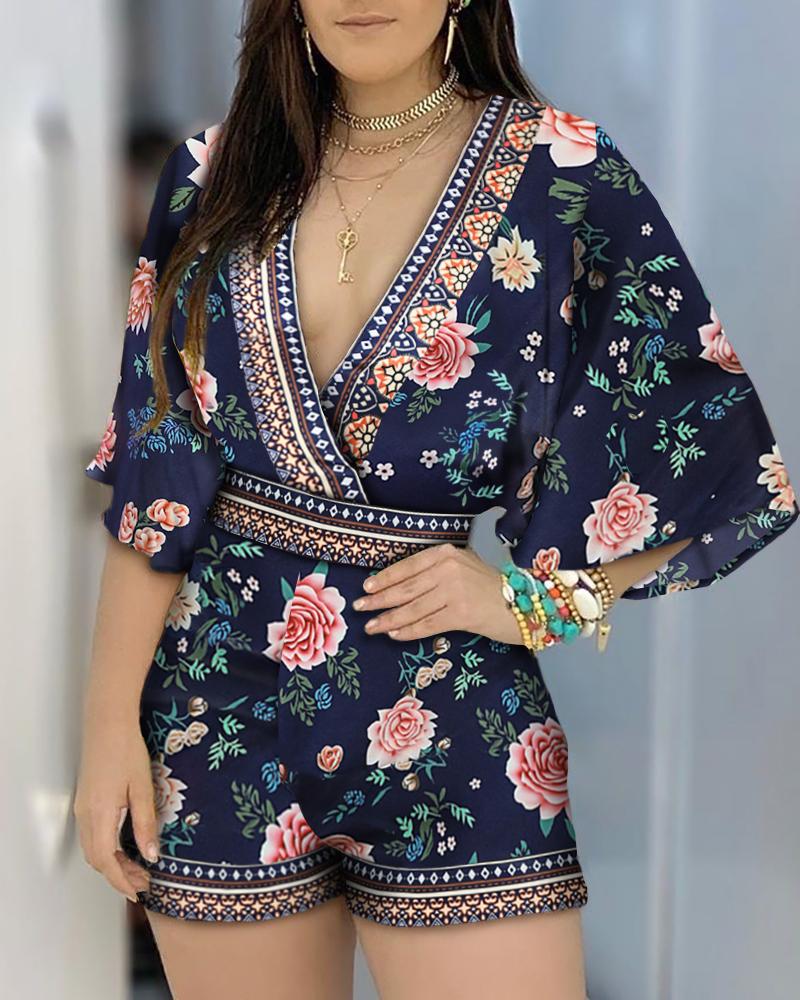 

Floral Print Half Sleeve Backless Romper, Purplish blue
