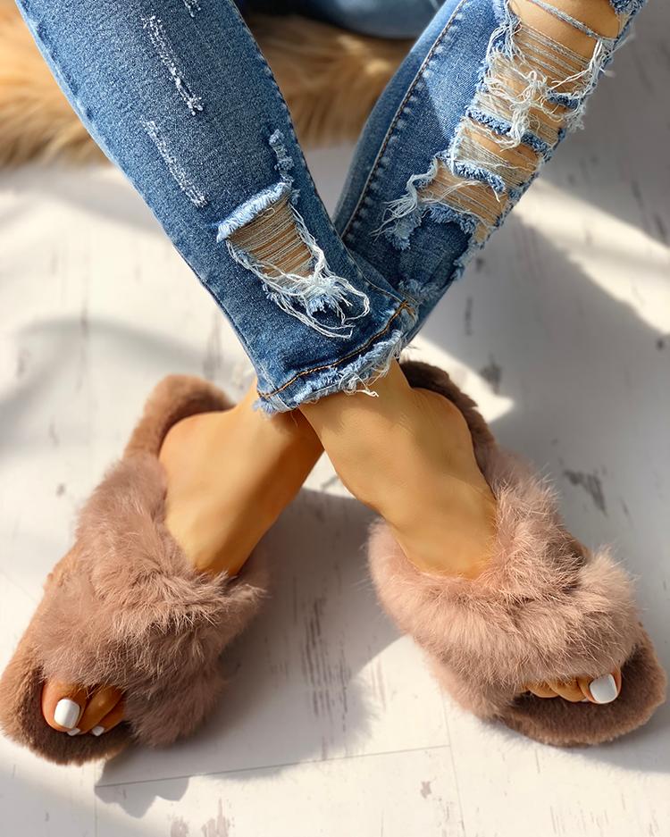 

Open Toe Fluffy Crisscross Slippers, Khaki