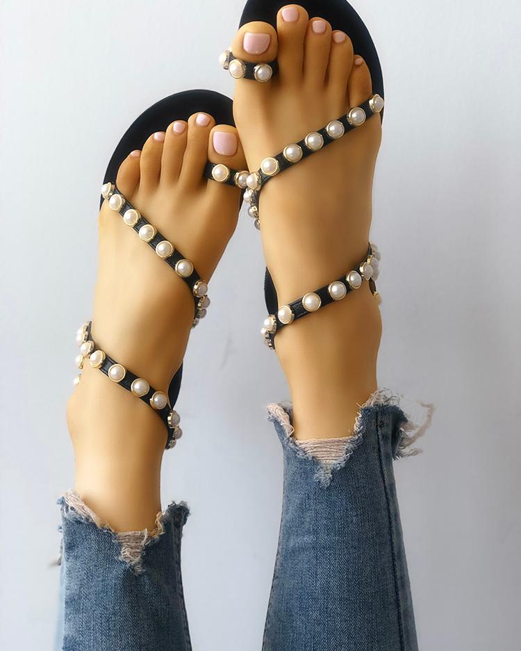 

Beading Decorated Toe Ring Flat Sandals, Black
