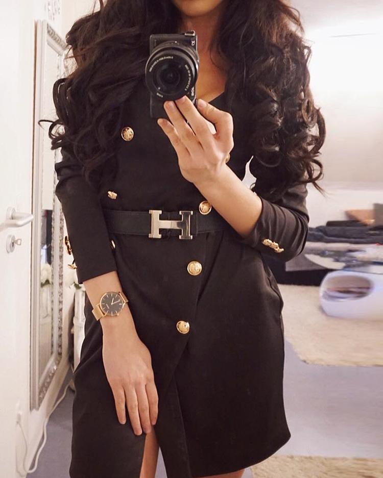 

Double Breasted V Neck Wrapped Dress, Black