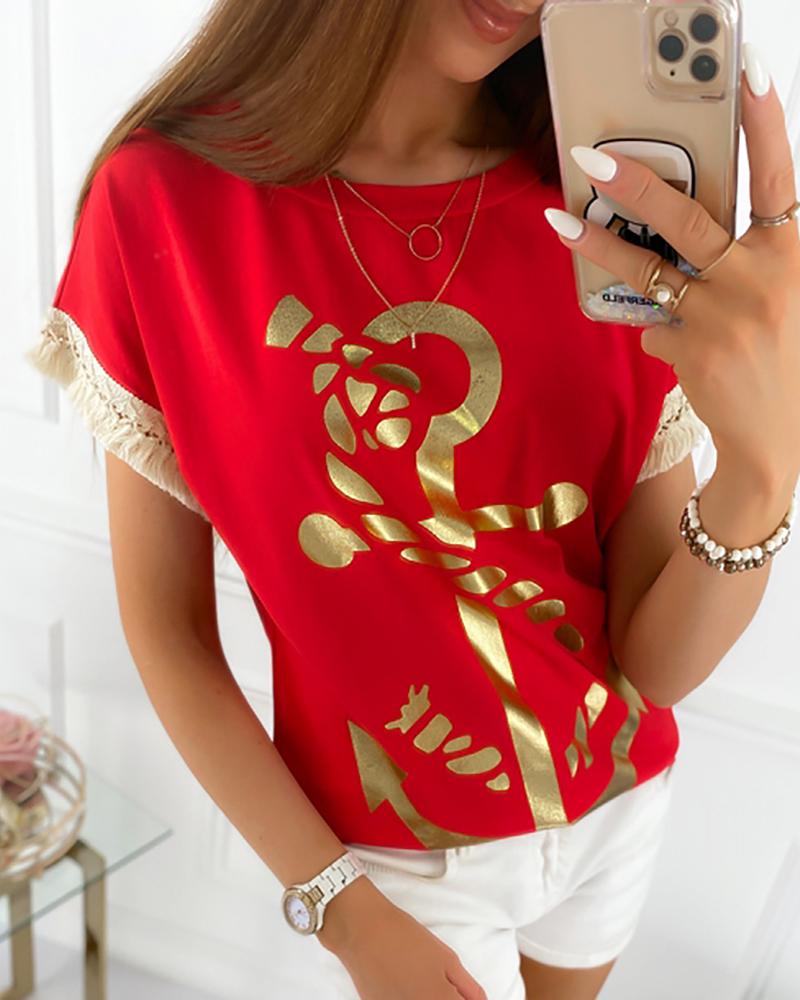 

Boat Anchor Pattern Lace T-shirt, Red