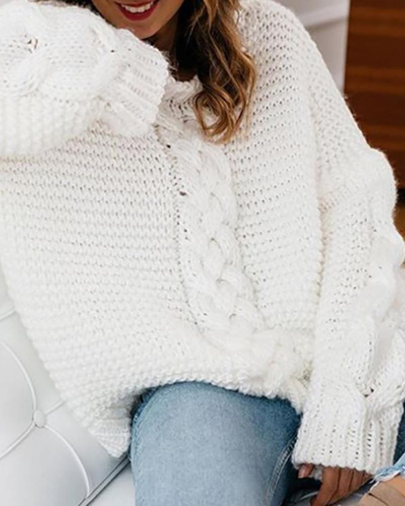 

Solid Braided Knitted Casual Loose Sweater, White
