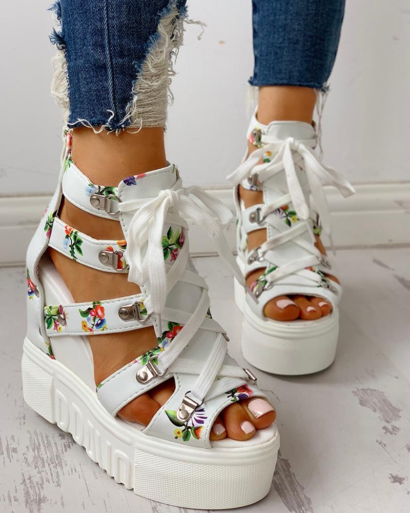 

Lace-Up Cut Out Wedge Sandals, White