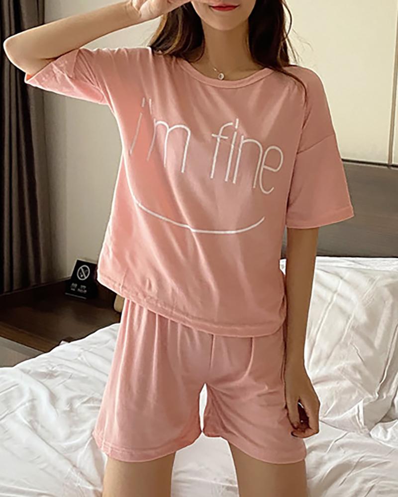 

Letter Print Short Sleeve Pajamas Set, Pink