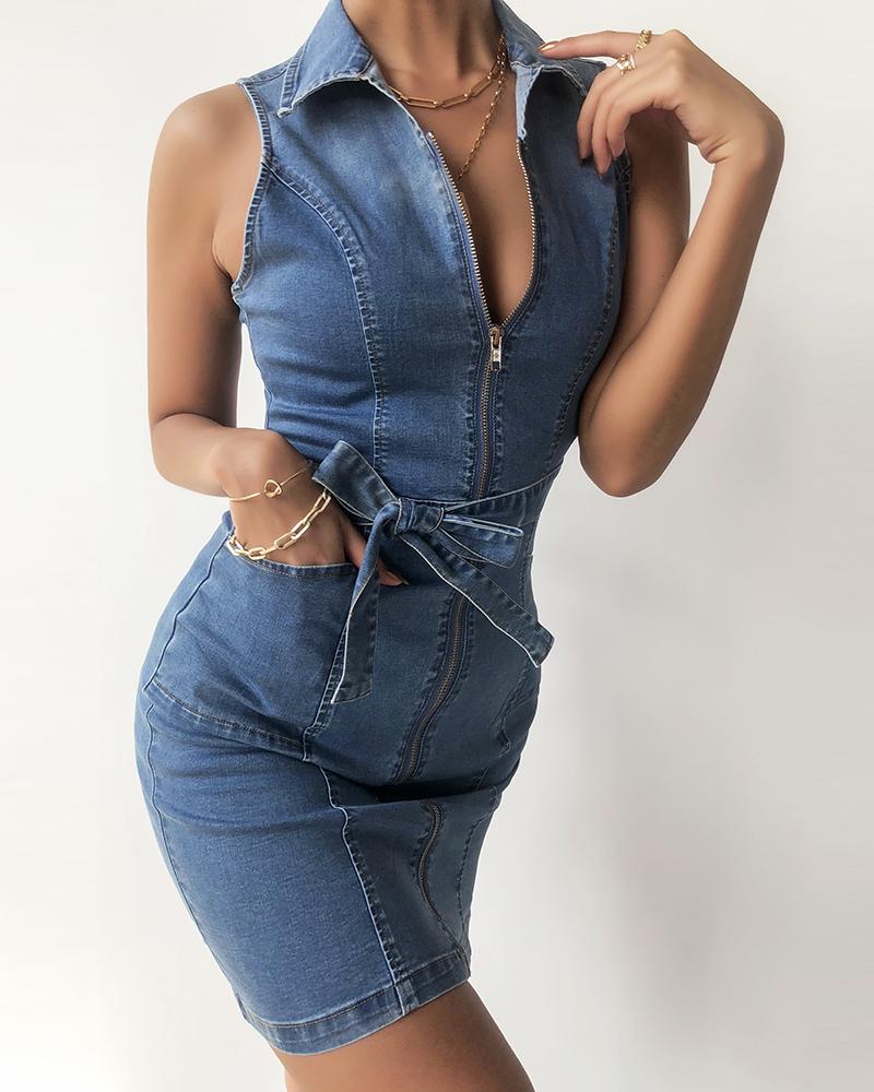 

Zipper Pocket Design Sleeveless Denim Bodycon Dress, Blue