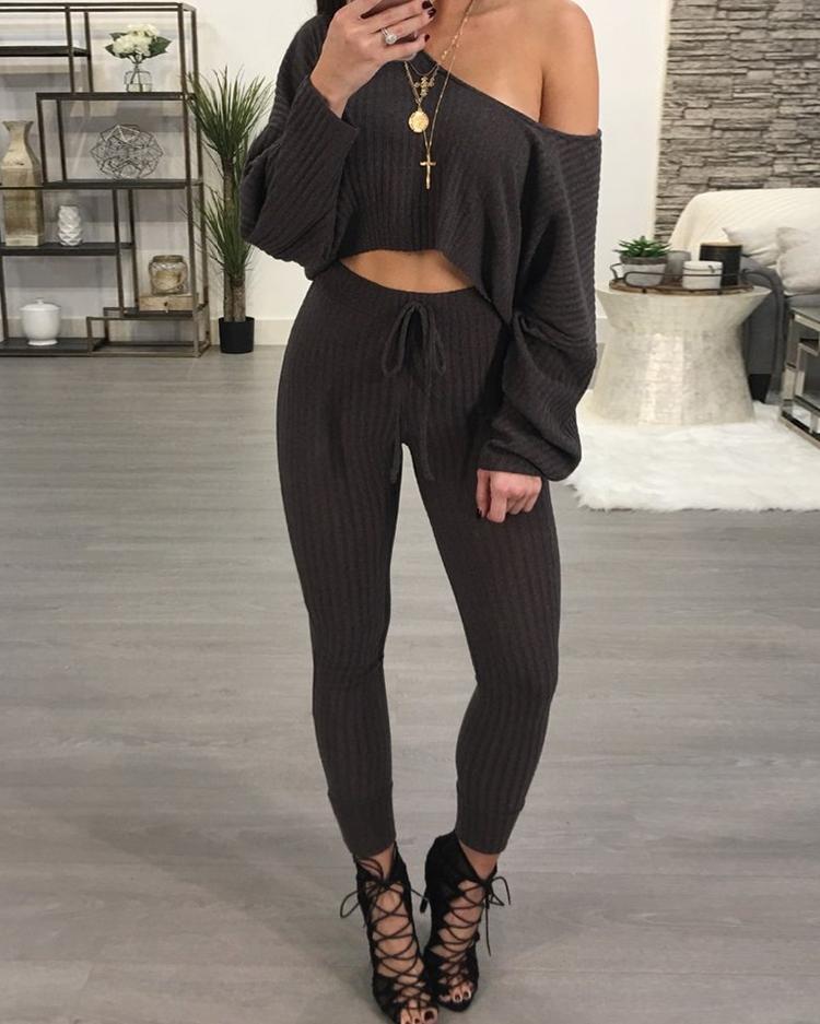 

One Shoulder Ribbed Drawstring Waist Pantsuit, Black