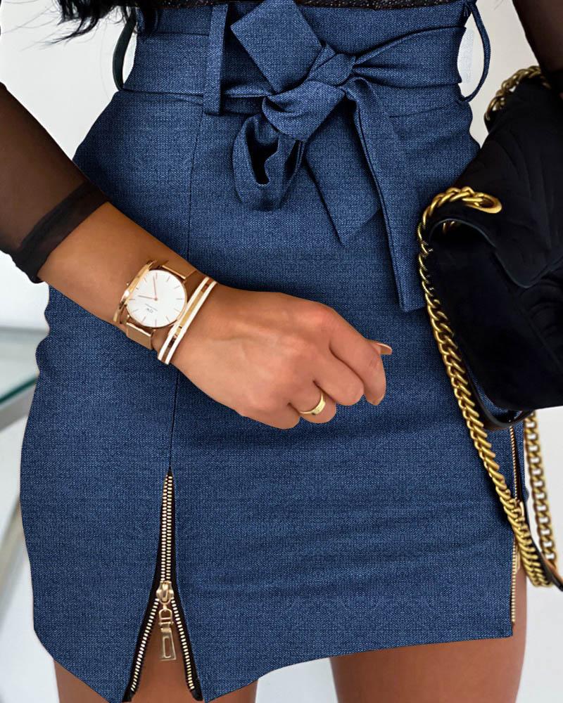 

High Waist Bowknot Zipper Design Denim Skirt, Blue